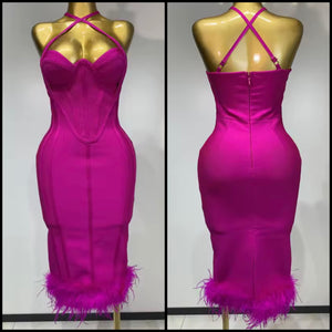 Women Pink Halter Sleeveless Sexy Feather Bandage Dress