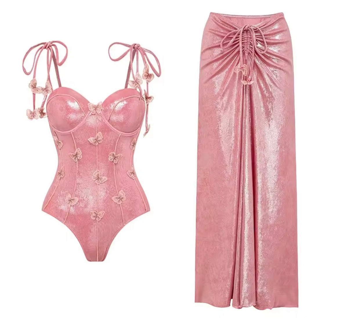 Women Pink Sparkly Tie Up Butterfly Swimsuit Cover Up Set
