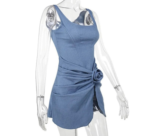 Women Sexy Sleeveless Ruched Rose Denim Dress