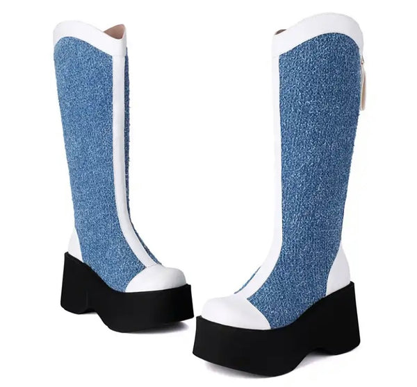 Women Fashion Denim Color Patchwork Platform Knee High Boots