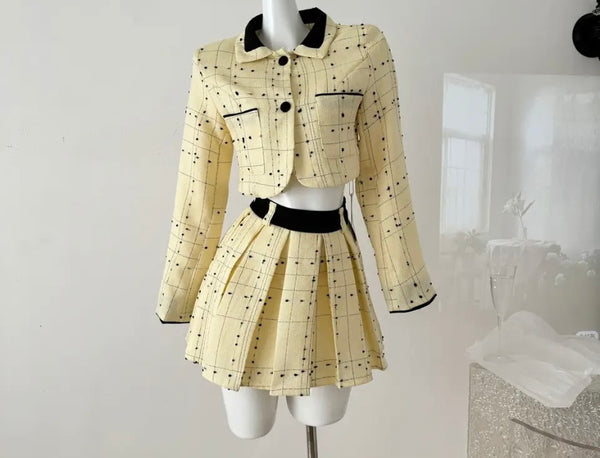 Women Button Up Full Sleeve Two Piece Pleated Skirt Set