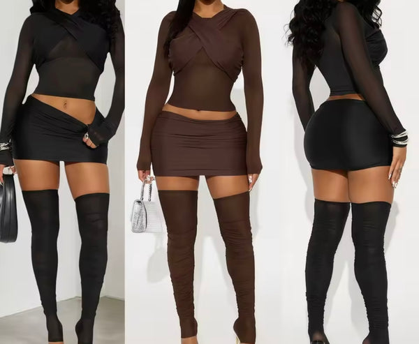 Women Sexy Full Sleeve Three Piece Skirt Set