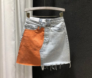 Women Fashion Fringe Color Patchwork Denim Skirt