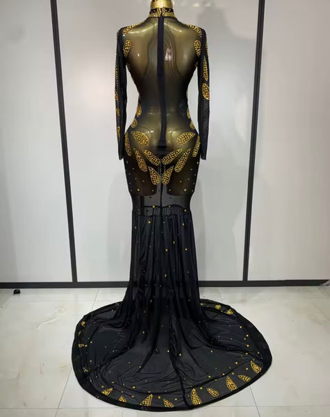 Women Sexy Black Bling Mesh Full Sleeve Maxi Dress