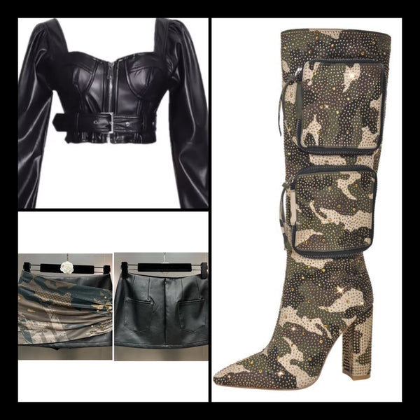 Women Fashion Bling Pocket Camouflage Knee High Boots