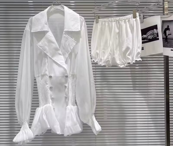 Women Collar Button Ruffle Full Sleeve Mesh Dress