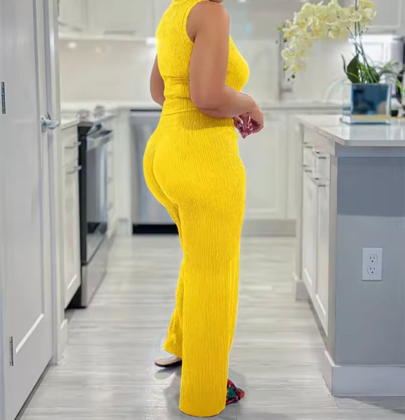Women Sleeveless Ribbed Color Fashion Two Piece Pant Set