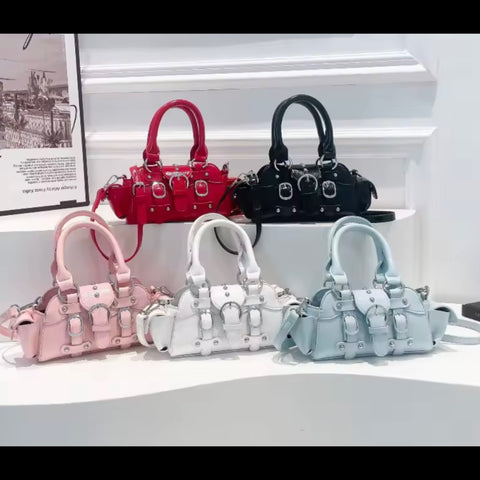 Women Fashion Color Buckled Faux Leather Handbag Purse