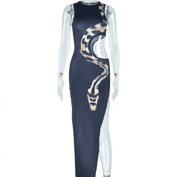 Women Black Snake Cut Out Sexy Sleeveless Maxi Dress