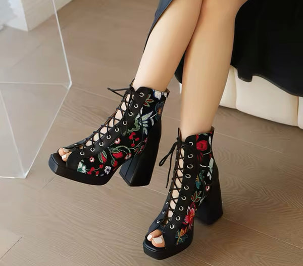 Women Fashion Open Toe Floral Lace Up Ankle Boots