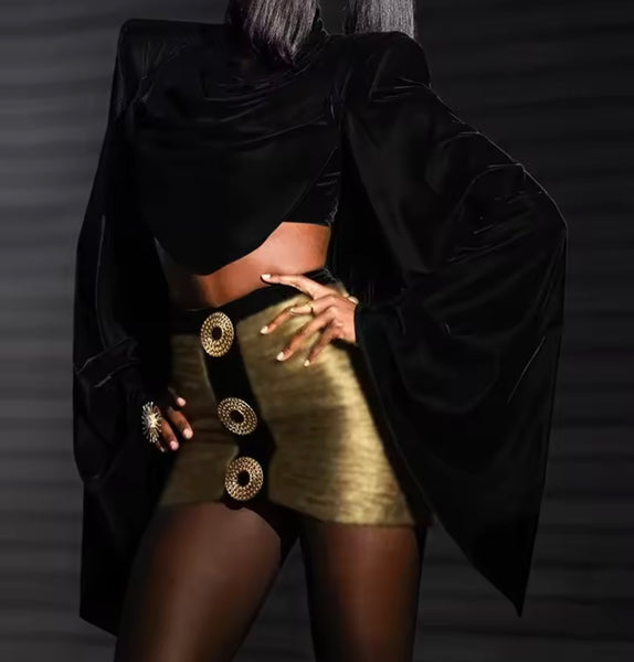 Women Sexy Flare Full Sleeve Crop Two Piece Skirt Set