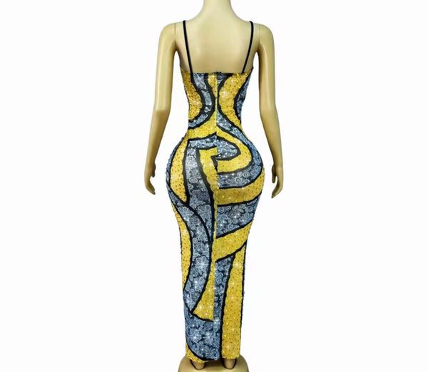 Women Sexy Color Patchwork Sleeveless Rhinestone Maxi Dress