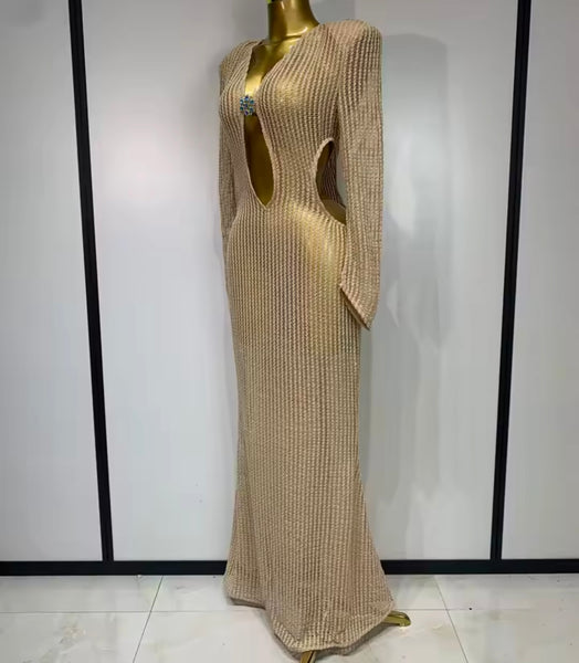 Women Sexy Cut Out Full Sleeve Knitted Maxi Dress