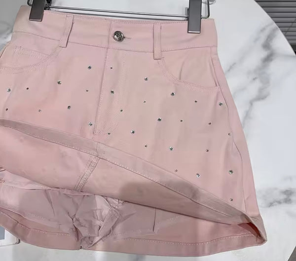 Women Fashion Rhinestone Button Up Jacket Two Piece Skirt Set