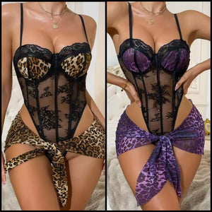 Women Sexy Sleeveless Color Leopard Print Lace Lingerie Set