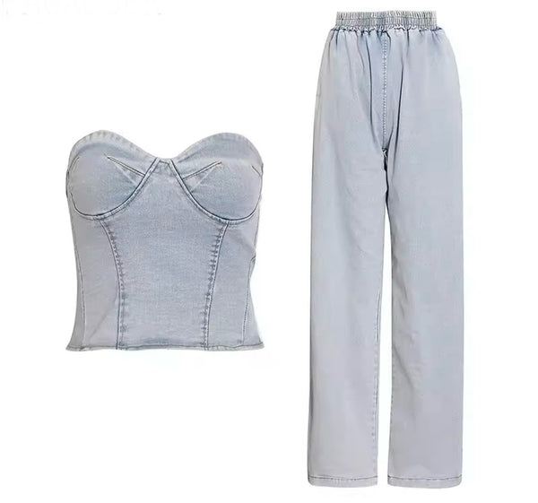 Women Strapless Denim Fashion Two Piece Wide Leg Pant Set