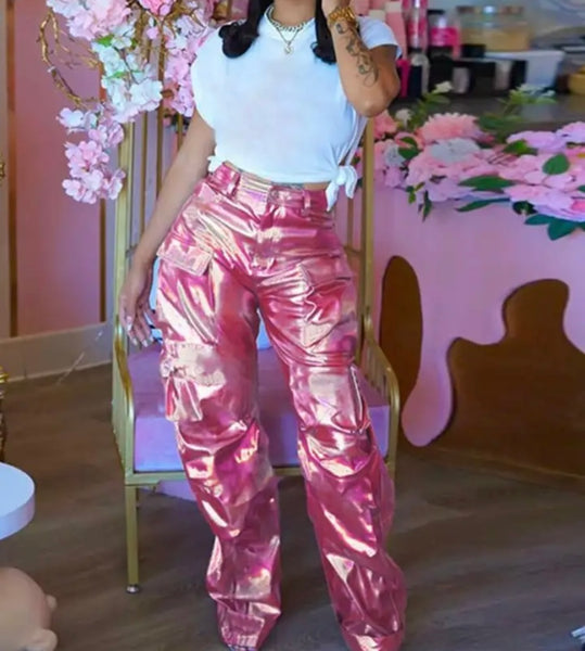 Women Pink Metallic Cargo Fashion PU Pants