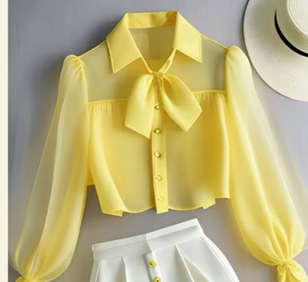 Women Fashion Button Up Mesh Full Sleeve Two Piece Short Set