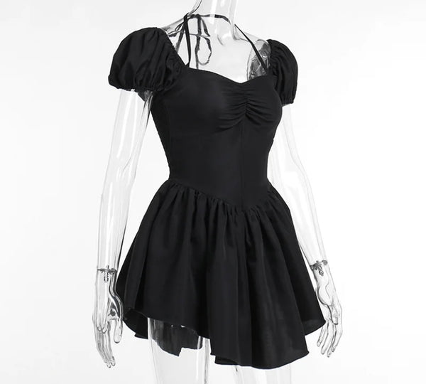 Women Sexy Black Short Sleeve Ruffled Dress