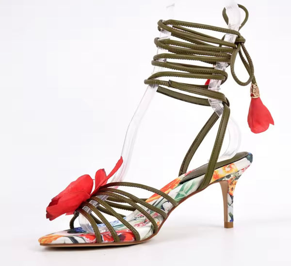 Women Fashion Floral Lace Up High Heel Sandals