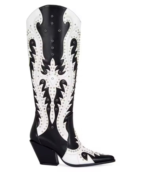 Women Fashion B&W Rivet Knee High Western Boots