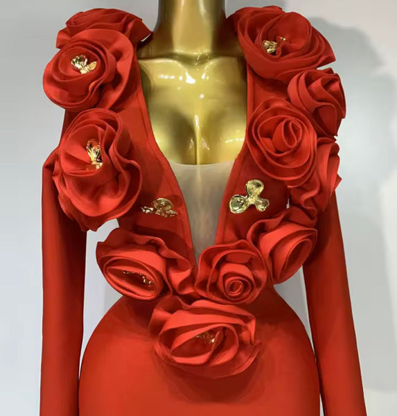 Women Sexy Red 3D Floral Gold Pin Full Sleeve Maxi Dress