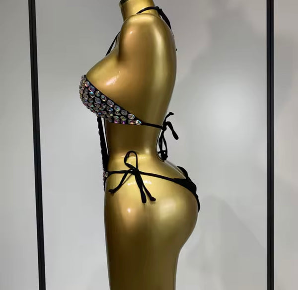 Women Sexy Black Halter Crystal Swimsuit