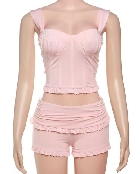 Women Sexy Sleeveless Ruffled Two Piece Short Set