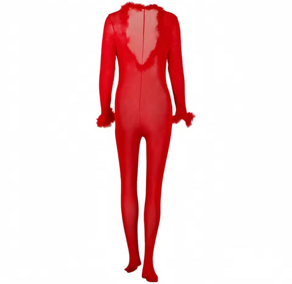 Women Sexy Feather Full Sleeve Mesh Feet In Jumpsuit
