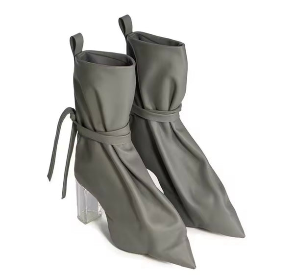 Women Pointed Toe Faux Leather Clear Square Heel Ankle Boots