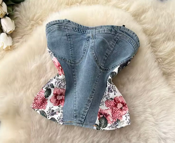 Women Strapless Floral Patchwork Denim Two Piece Pant Set