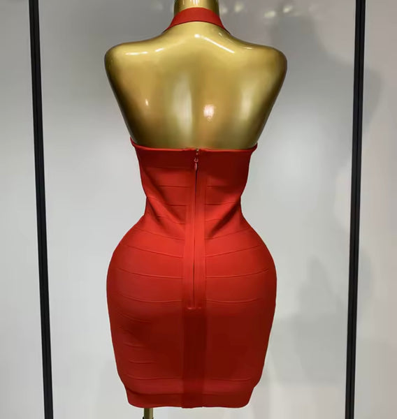 Women Red Sexy Halter Sleeveless Bandage Dress
