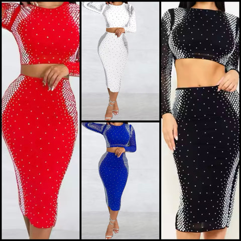 Women Sexy Solid Color Bling Full Sleeve Crop Two Piece Skirt Set