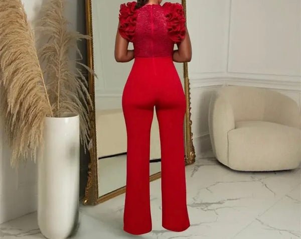 Women Sexy Color Ruffled Lace Patchwork Short Sleeve Jumpsuit