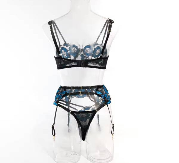 Women Sexy Color Patchwork Lace Mesh Lingerie Set