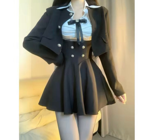 Women Sexy Button Three Piece Blazer Skirt Set