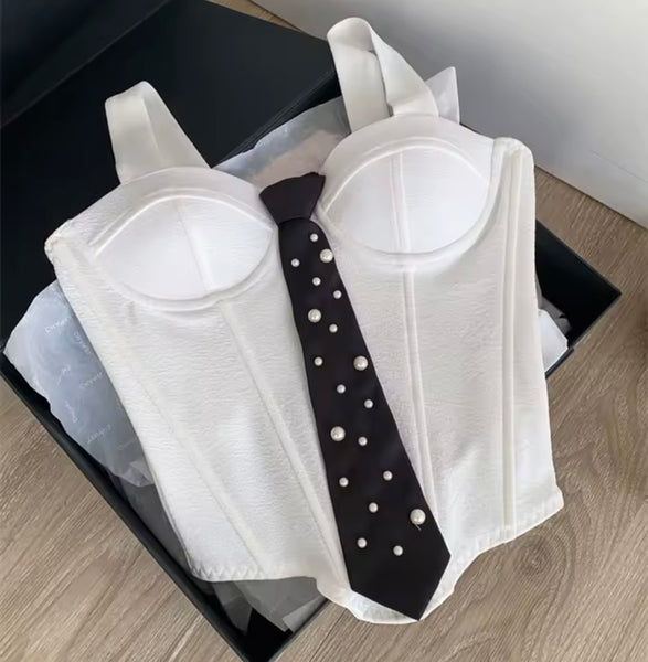 Women White Fashion Sleeveless Pearl Tie Tank Top