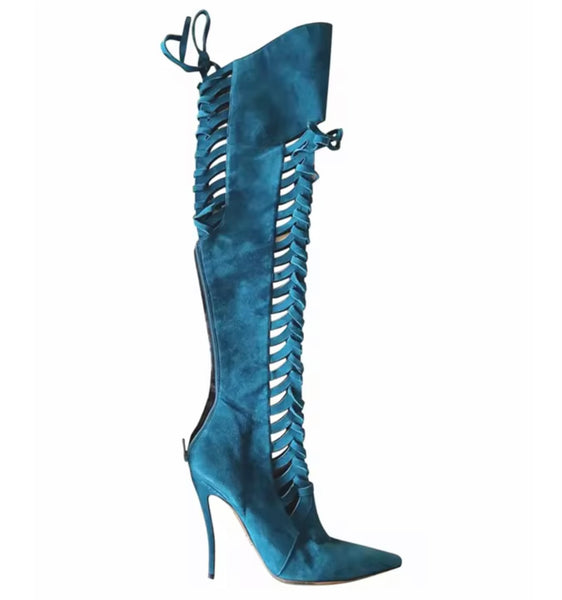 Women Color Fashion Pointed Toe Tie Up Suede Knee High Boots