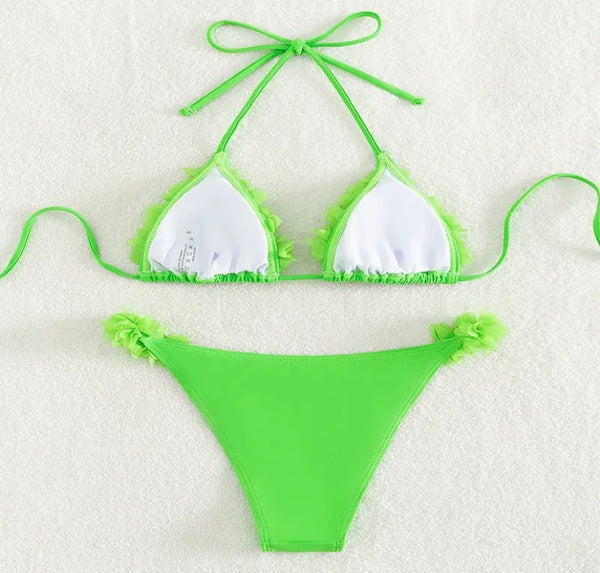 Women Sexy Ruffled Halter Solid Color Bikini Swimsuit