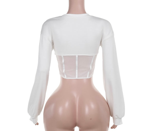 Women Mesh Patchwork Fashion Full Sleeve Top
