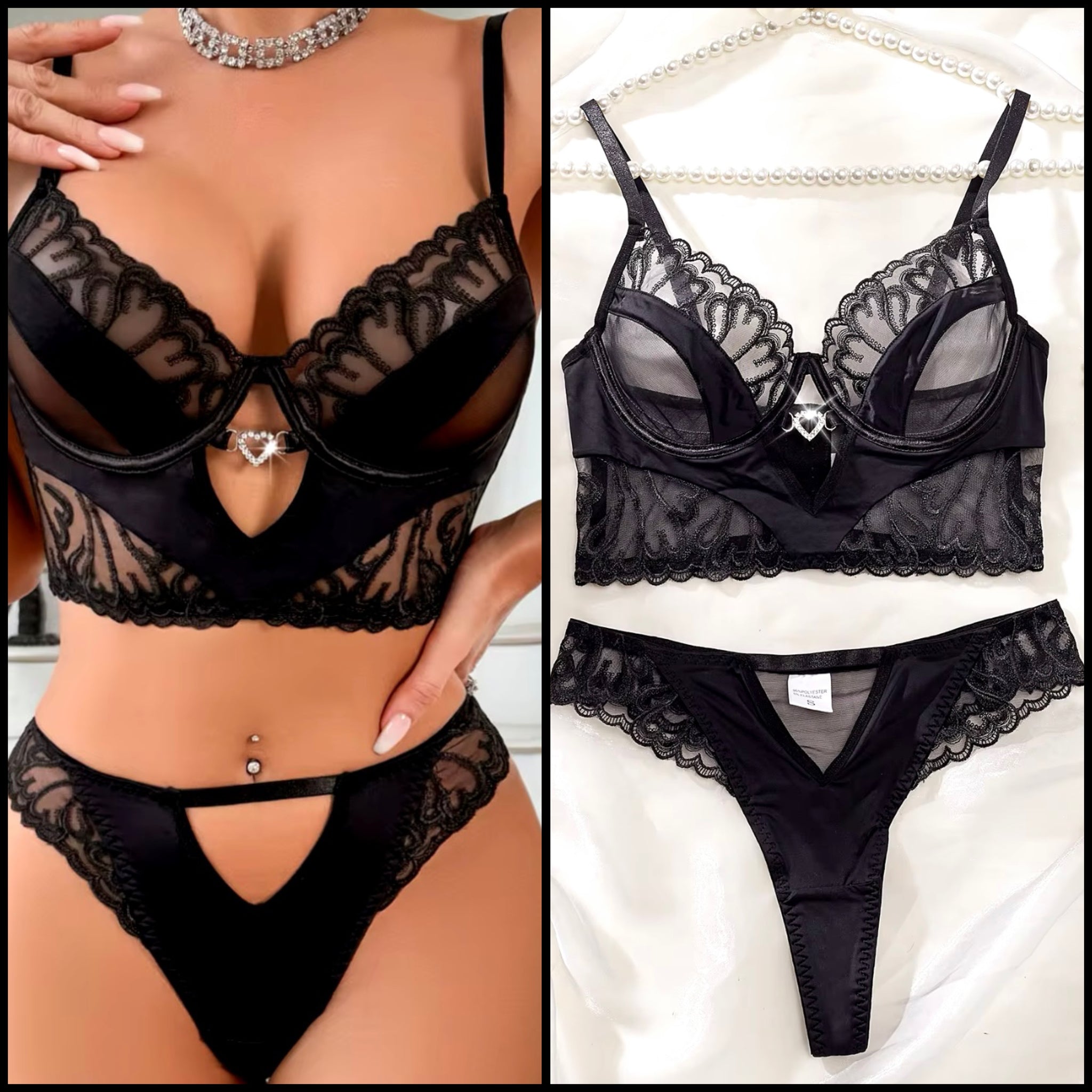 Women Black Sexy Heart Mesh Lingerie Set