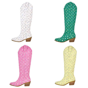 Women Fashion Sequins Denim Western Knee High Boots
