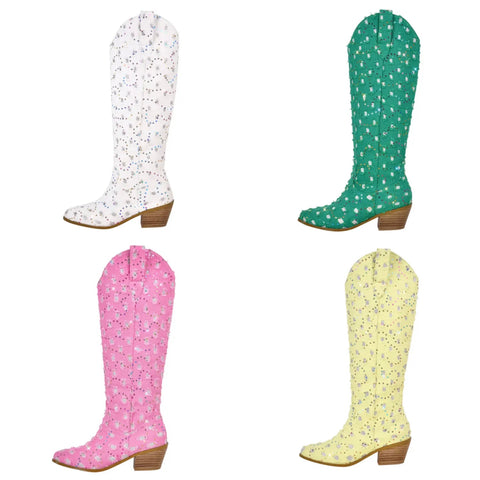 Women Fashion Sequins Denim Western Knee High Boots