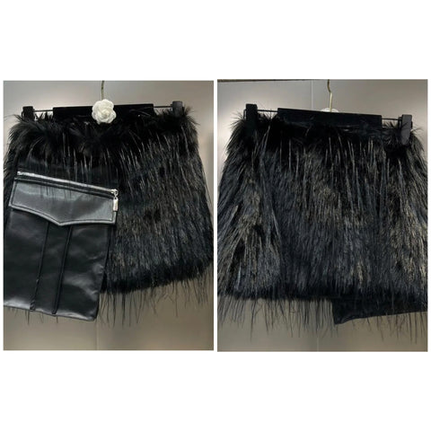 Women Black Fashion Faux Fur PU Pocket Skirt