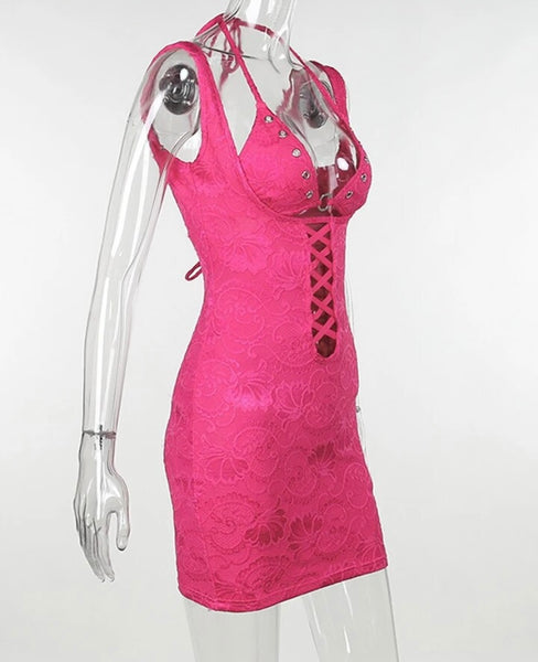 Women Pink Sexy Sleeveless Cut Out Lace Dress