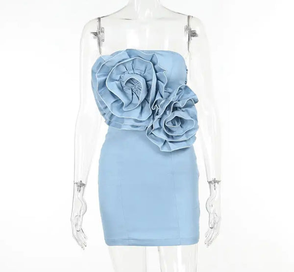 Women Sexy Strapless Ruffled Lace Up Back Denim Dress