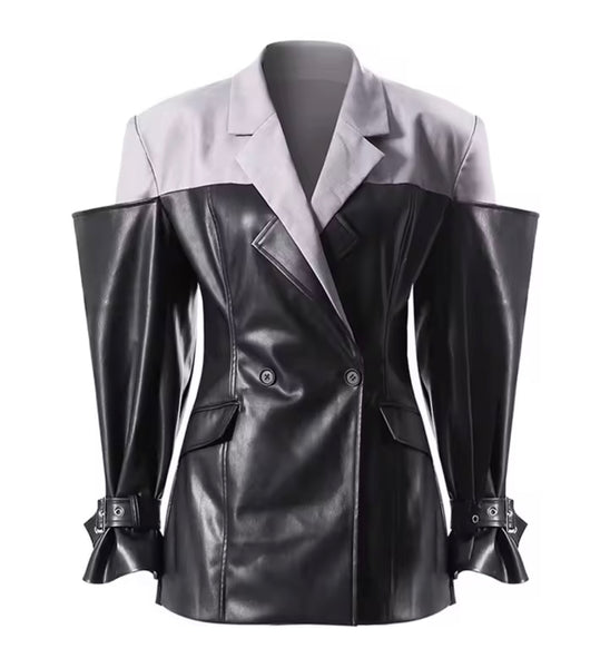 Women Fashion Color Patchwork Faux Leather Button Up Blazer Jacket