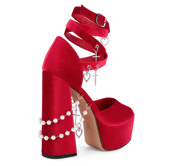 Women Pendant Beaded Velour Platform High Heel Sandals
