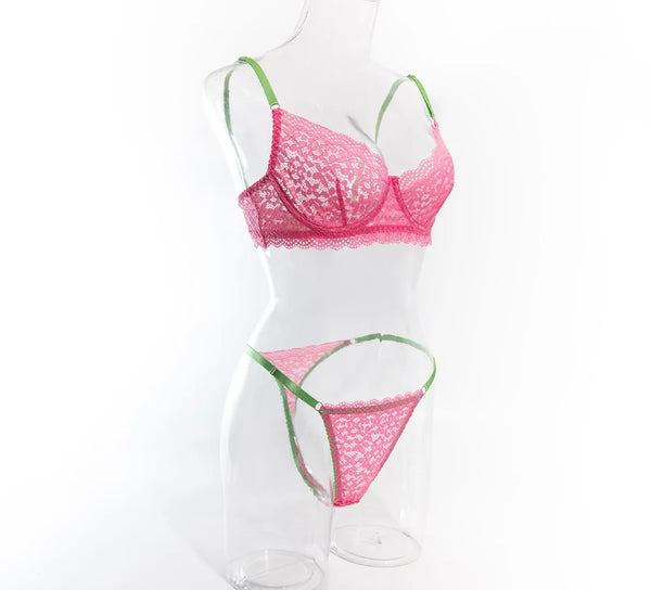 Women Sexy Pink Color Patchwork Lace Lingerie Set