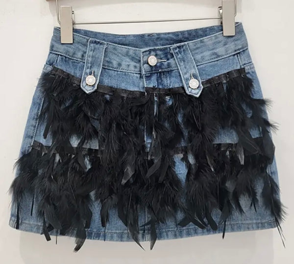 Women Fashion Feather Patchwork Denim Skirt